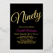 Elegant Gouden Folie Roze Zwart 90ste Verjaardagsf Folie Uitnodiging (Voorkant)