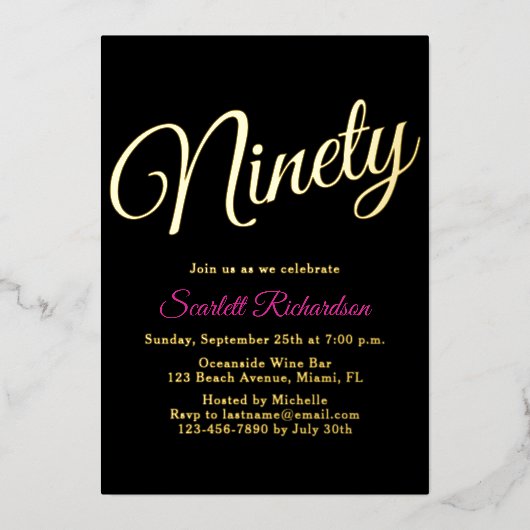 Elegant Gouden Folie Roze Zwart 90ste Verjaardagsf Folie Uitnodiging (Voorkant)