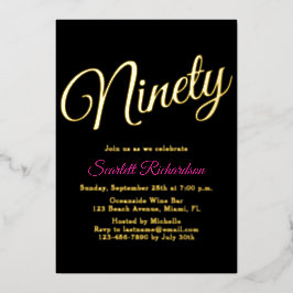 Elegant Gouden Folie Roze Zwart 90ste Verjaardagsf Uitnodiging
