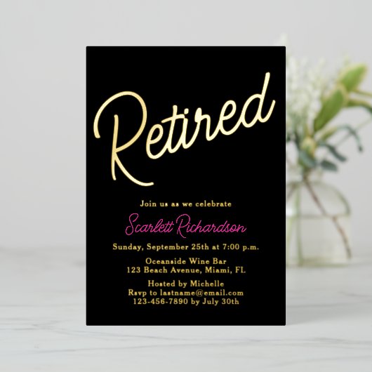 Elegant Gouden Folie Roze Zwart Pensioen Party Folie Uitnodiging (Staand Voorkant)