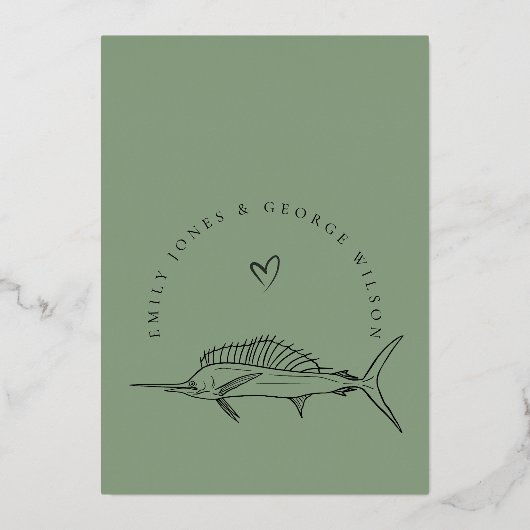 Elegant Gouden Folie Sage Groene Marline Vis Bruil Folie Uitnodiging (Achterkant)