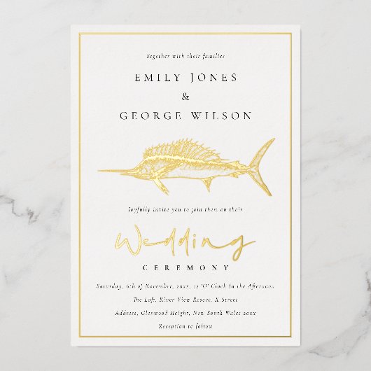 Elegant Gouden Folie Sage Groene Marline Vis Bruil Uitnodiging (Voorkant)