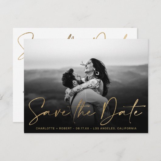 Elegant gouden foliefoto's bruiloft met datum aankondigingskaart (Voorkant / Achterkant)
