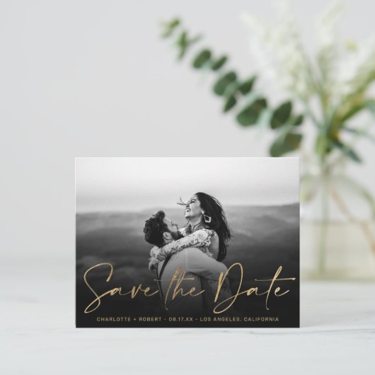 Elegant gouden foliefoto's bruiloft met datum aankondigingskaart (Staand voorkant)