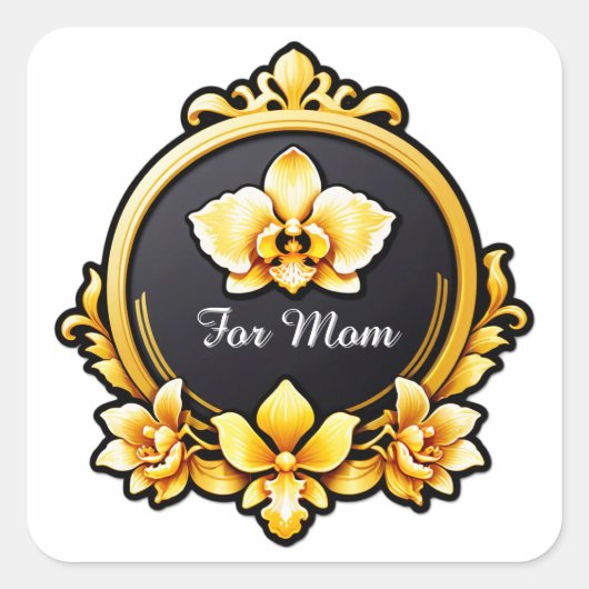 Elegant gouden frame-embleem met witte orchidee vierkante sticker (Voorkant)