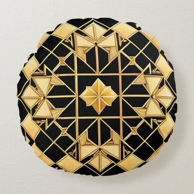 Elegant Gouden Geometrisch Patroonontwerp Rond Kussen (Voorkant)