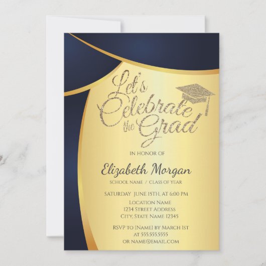 Elegant Gouden Glitter Afstudeerder Pet, Blauw Gou Kaart (Voorkant)