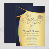 Elegant Gouden Glitter Afstudeerder Pet, Blauw Gou Kaart (Voorkant / Achterkant)