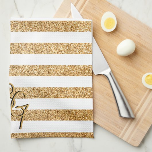 Elegant Gouden Glitter Strepen met Initialen Theedoek (Quarter Fold)