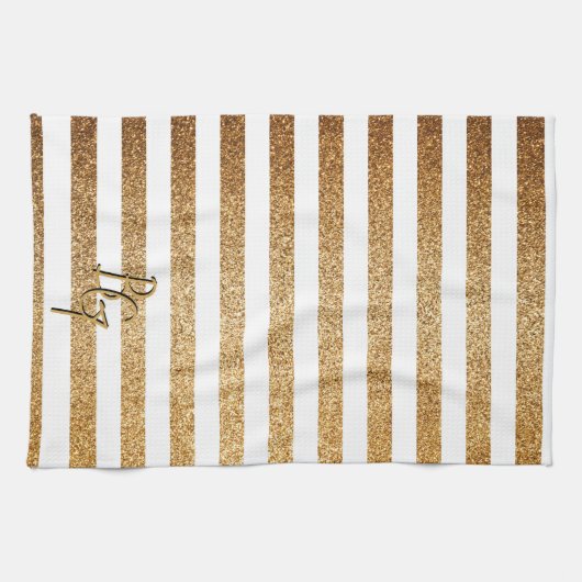 Elegant Gouden Glitter Strepen met Initialen Theedoek (Horizontaal)