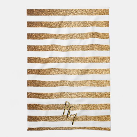 Elegant Gouden Glitter Strepen met Initialen Theedoek (Verticaal)