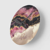 Elegant gouden glitter zwart bordeauxmonogram ronde klok (Hoek)