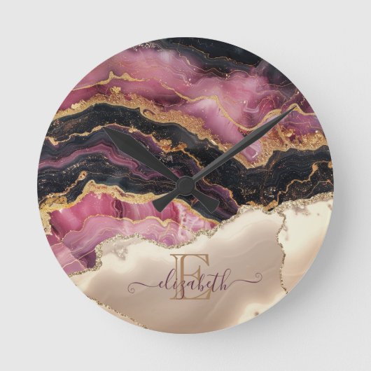 Elegant gouden glitter zwart bordeauxmonogram ronde klok (Voorkant)