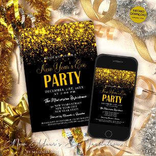 Elegant Gouden Glitters & Zwarte Oud en Nieuw-fees Kaart