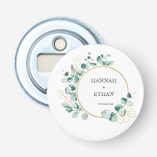Elegant Gouden Groene Eucalyptus Gepersonaliseerd Button Flesopener
