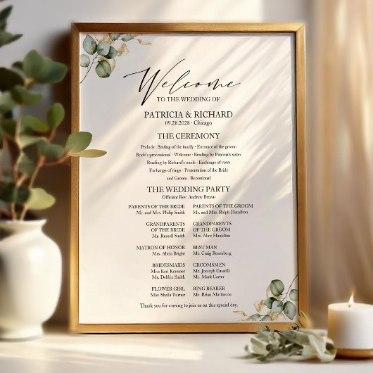 Elegant Gouden Groene Huwelijksprogramma Bord Poster