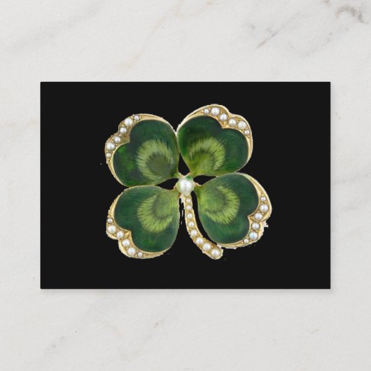 ELEGANT GOUDEN GROENE SHAMROCK JUWEEL MET PARELS VISITEKAARTJE (Achterkant)
