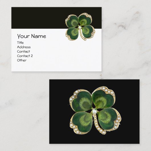 ELEGANT GOUDEN GROENE SHAMROCK JUWEEL MET PARELS VISITEKAARTJE (Voorkant / Achterkant)