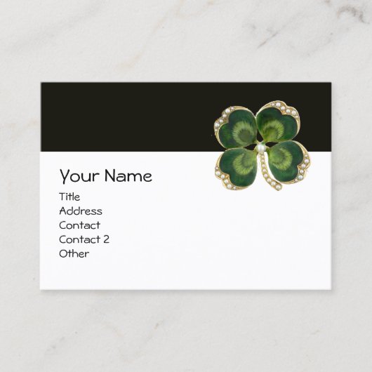 ELEGANT GOUDEN GROENE SHAMROCK JUWEEL MET PARELS VISITEKAARTJE (Voorkant)