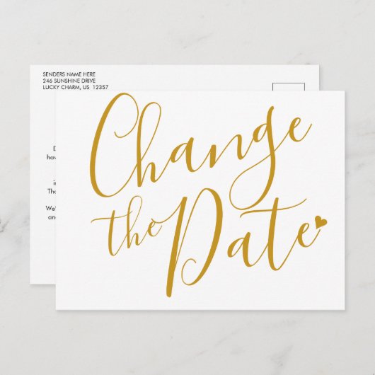 Elegant Gouden Hart Nieuwe Datum Uitgesteld Aankondigingskaart (Voorkant / Achterkant)