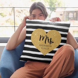 Elegant Gouden Hart Zwarte Strepen Net Getrouwd Kussen