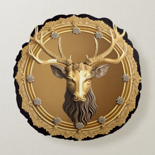 Elegant Gouden Hertenembleem met Sierlijke Lijst Rond Kussen