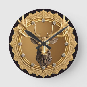 Elegant Gouden Hertenembleem met Sierlijke Lijst Ronde Klok