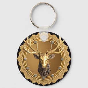 Elegant Gouden Hertenembleem met Sierlijke Lijst Sleutelhanger