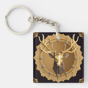 Elegant Gouden Hertenembleem met Sierlijke Lijst Sleutelhanger