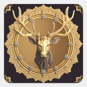 Elegant Gouden Hertenembleem met Sierlijke Lijst Vierkante Sticker