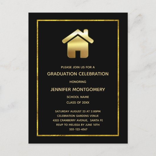 Elegant gouden huis symbool onroerend goed Afstude Uitnodiging Briefkaart (Voorkant)