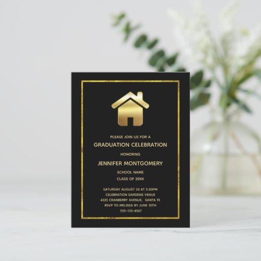 Elegant gouden huis symbool onroerend goed Afstude Uitnodiging Briefkaart (Staand voorkant)