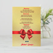 Elegant gouden huwelijksmenu met rood lint en foto menu (Staand voorkant)