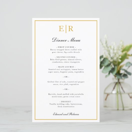 Elegant Gouden Initialen Formeel Trouwmenu (Staand voorkant)
