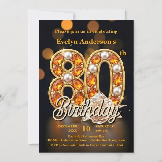Elegant gouden juweel 80e verjaardagsfeestje kaart (Voorkant)