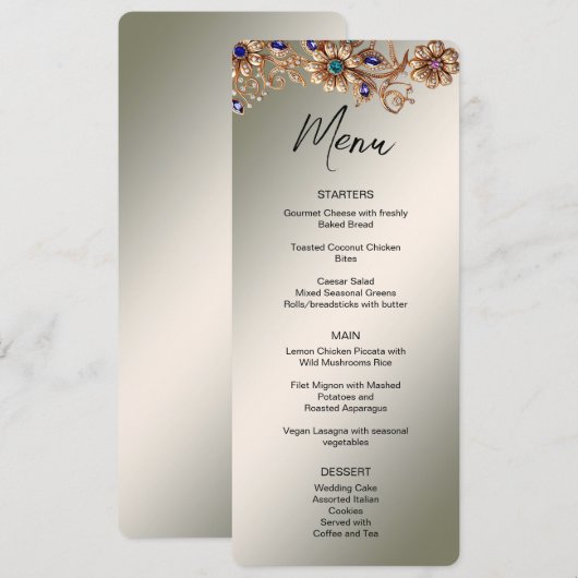 Elegant gouden juweel bloemen bruiloft menu (Voorkant / Achterkant)