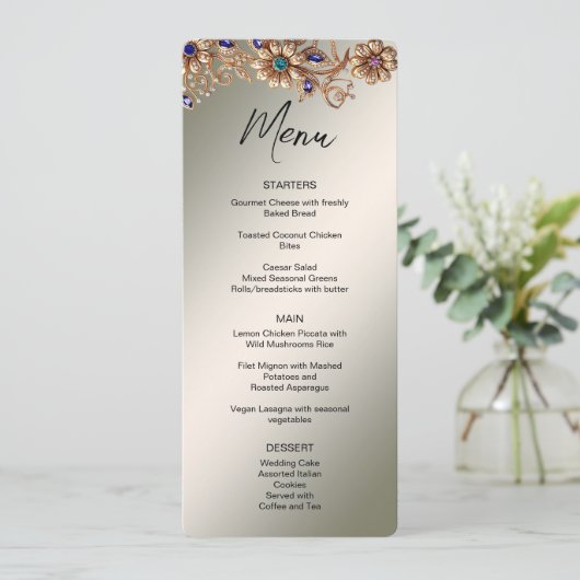 Elegant gouden juweel bloemen bruiloft menu (Staand voorkant)