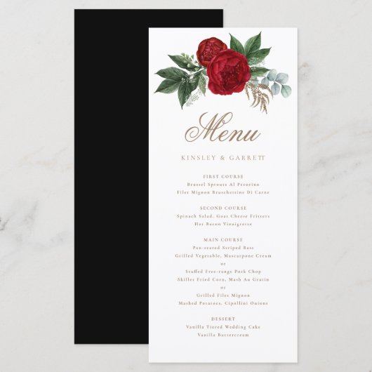 Elegant Gouden Kalligrafie Rood Bloemen Zwart & Wi Menu (Voorkant / Achterkant)