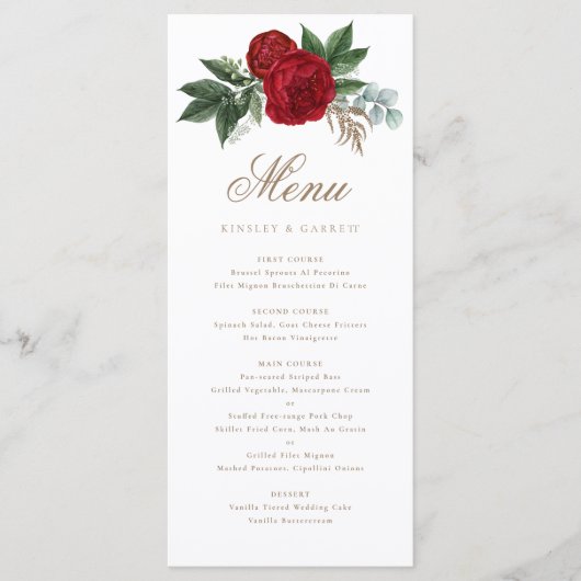 Elegant Gouden Kalligrafie Rood Bloemen Zwart & Wi Menu (Voorkant)