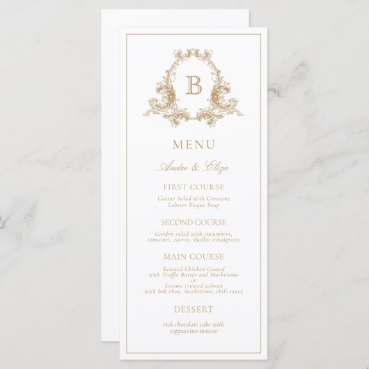 Elegant Gouden Kam Monogram Bruiloft Menu (Voorkant / Achterkant)