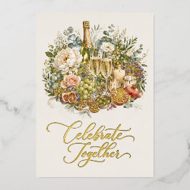 Elegant Gouden Kerst Champagne Waterverf Feest Folie Feestdagenkaart