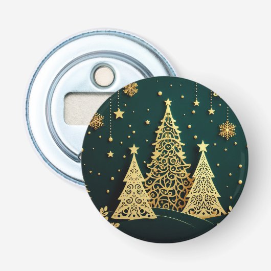 Elegant Gouden Kerstboom Patroon Button Flesopener (Voorkant)