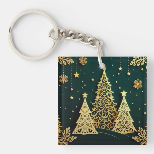 Elegant Gouden Kerstboom Patroon Sleutelhanger (voorkant)