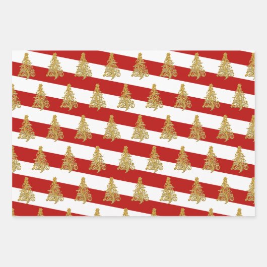 Elegant gouden kerstboompatroon gestript inpakpapier vel (Voorkant)