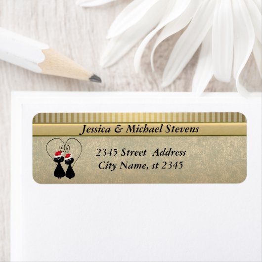 Elegant gouden kerstliefde kattepaar etiket (Insitu)