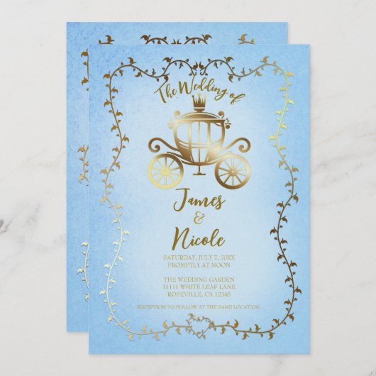 Elegant Gouden Koets Blauw Storybook Bruiloft Kaart (Voorkant / Achterkant)