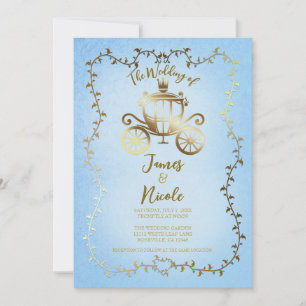 Elegant Gouden Koets Blauw Storybook Bruiloft Kaart