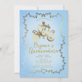 Elegant Gouden Koets Blauw Storybook Quinceañera Kaart (Voorkant)