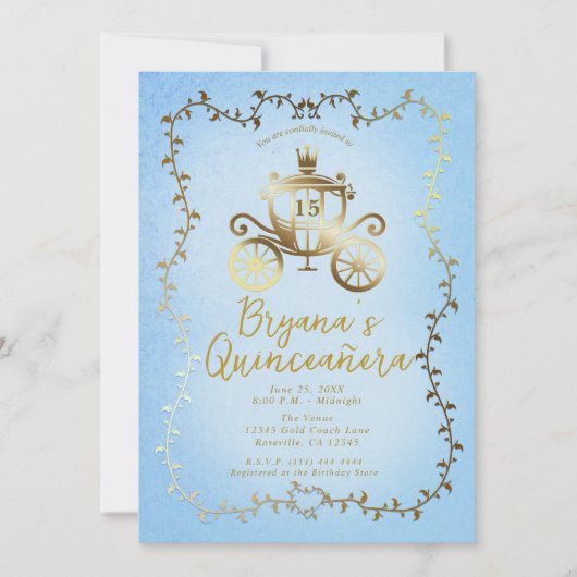Elegant Gouden Koets Blauw Storybook Quinceañera Kaart (Voorkant)