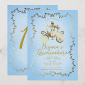 Elegant Gouden Koets Blauw Storybook Quinceañera Kaart (Voorkant / Achterkant)